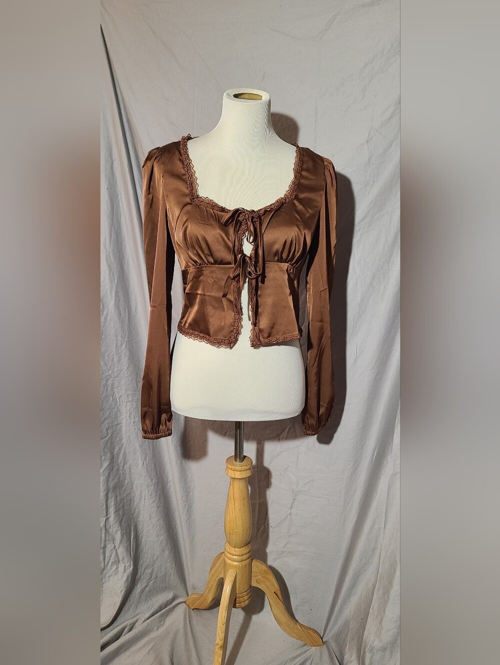 love, Fire Brown Satin Lace-Trim Tie-Front Blouse